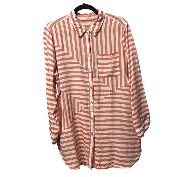 Chico’s size 2 (12-14) orange block striped long sleeve button front tunic top - Picture 1 of 7